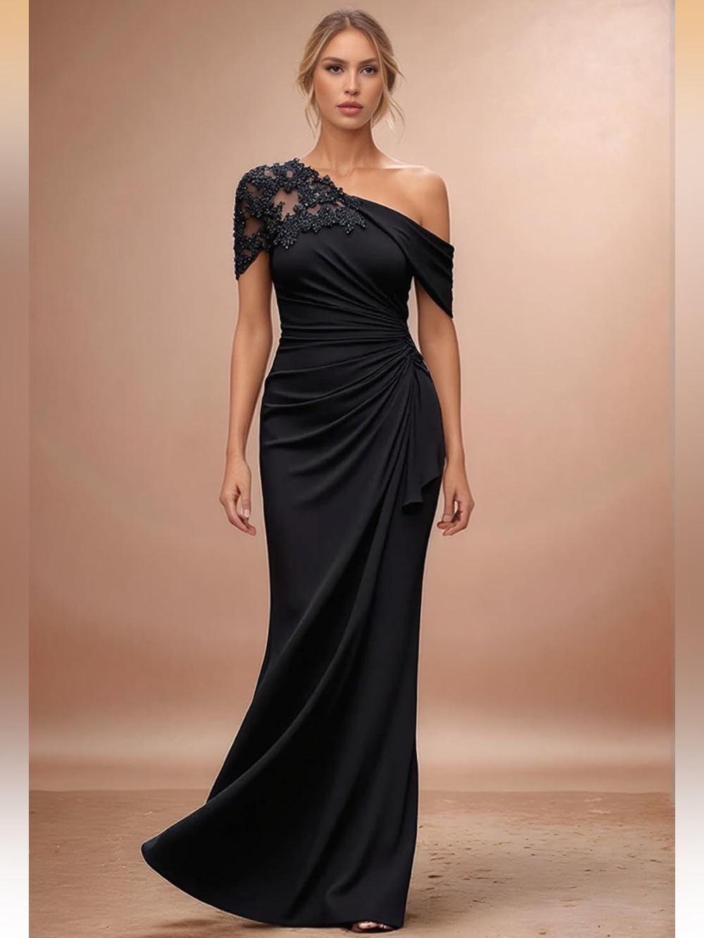 Black Chiffon One Shoulder Gown Corset Lace Back Wedding Guest Formal Dress Sz 4